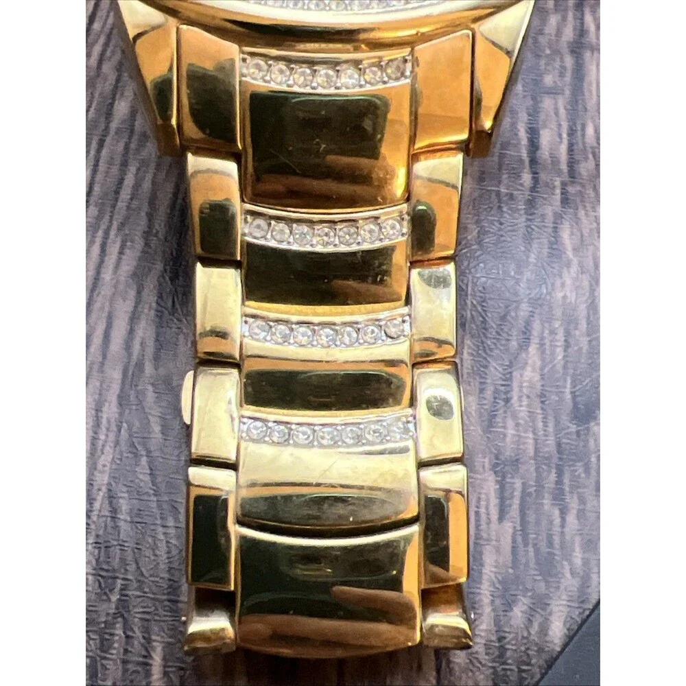Mens Gold Tone Bling Iced CZ Elgin Rectangle Dress Analog Watch New Battery